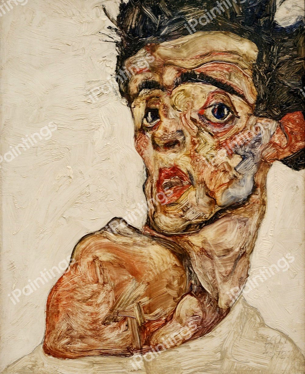 Self Portrait with Raised Bare Shoulder . The painting by Egon Schiele