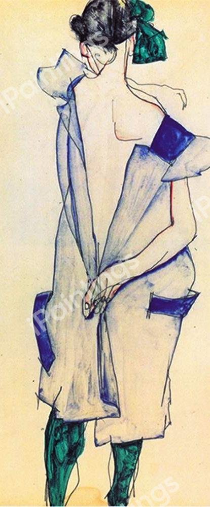 Standing Girl in a Blue Dress And Green Stockings, Back View. The painting by Egon Schiele