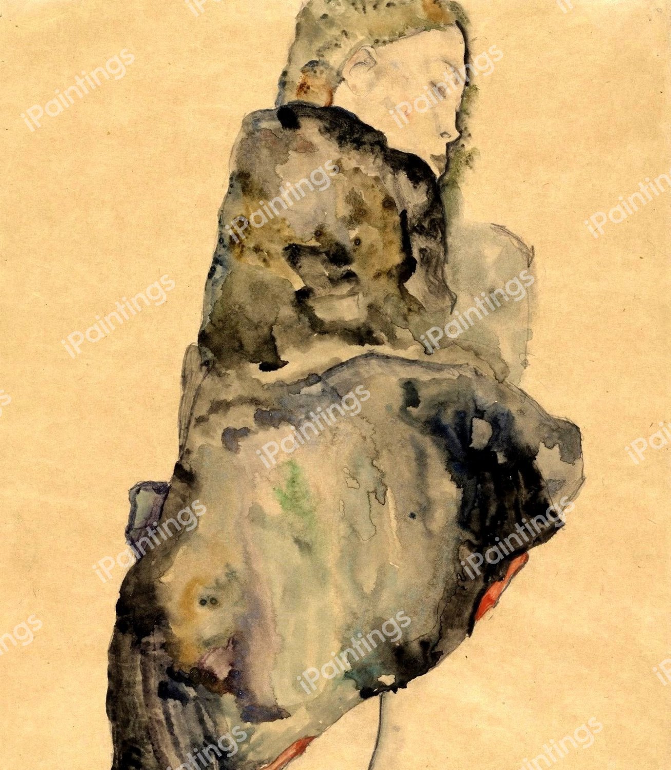 Standing Girl Wrapped in Blanket. The painting by Egon Schiele