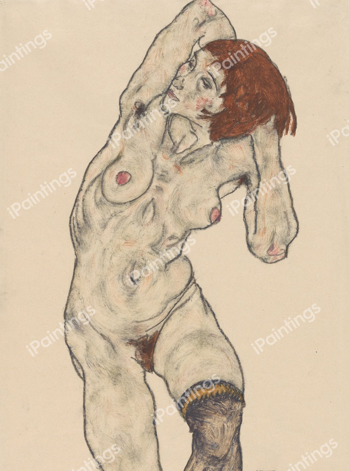 Standing Nude in Black Stockings. The painting by Egon Schiele