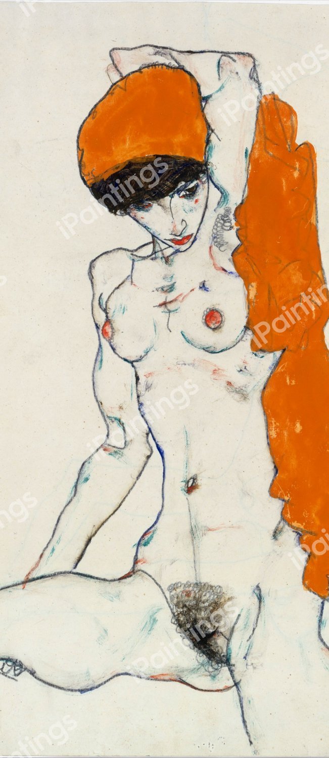 Standing Nude with Orange Drapery. The painting by Egon Schiele
