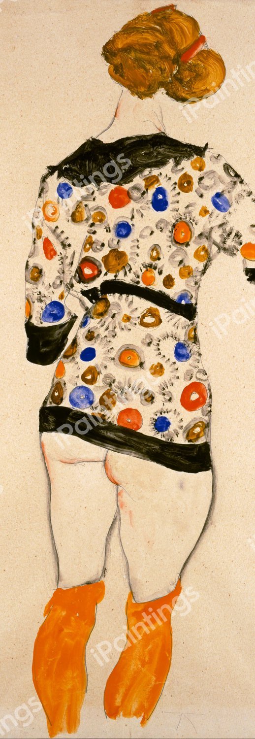 Standing Woman in a Patterned Blouse. The painting by Egon Schiele