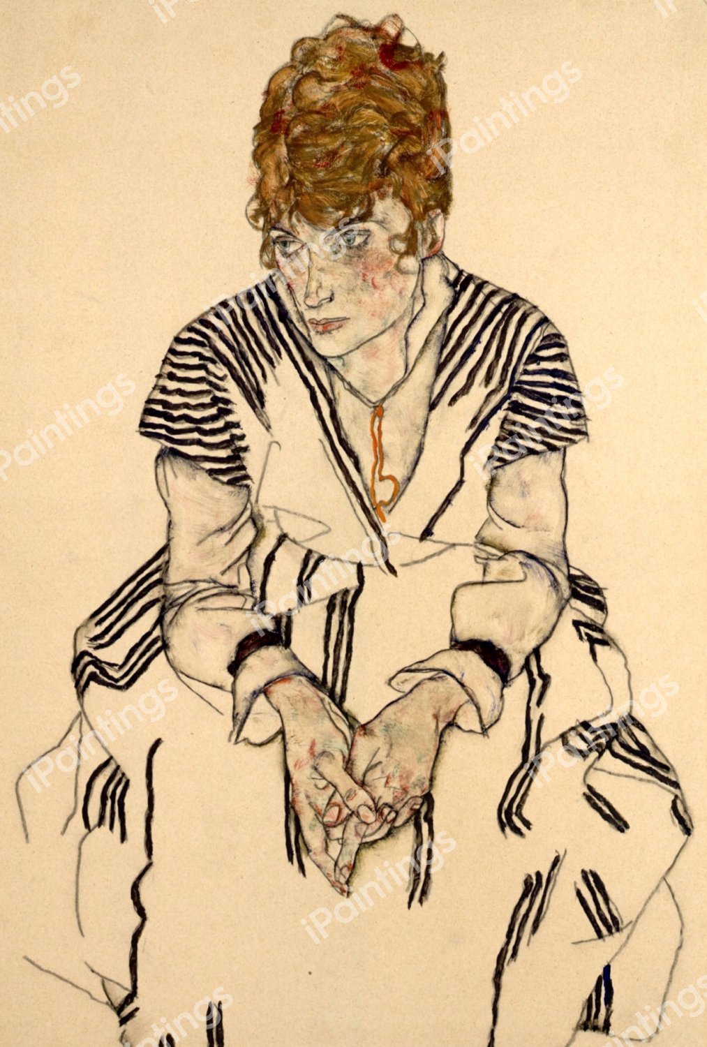 The Artist's Sister in Law in a Striped Dress. The painting by Egon Schiele