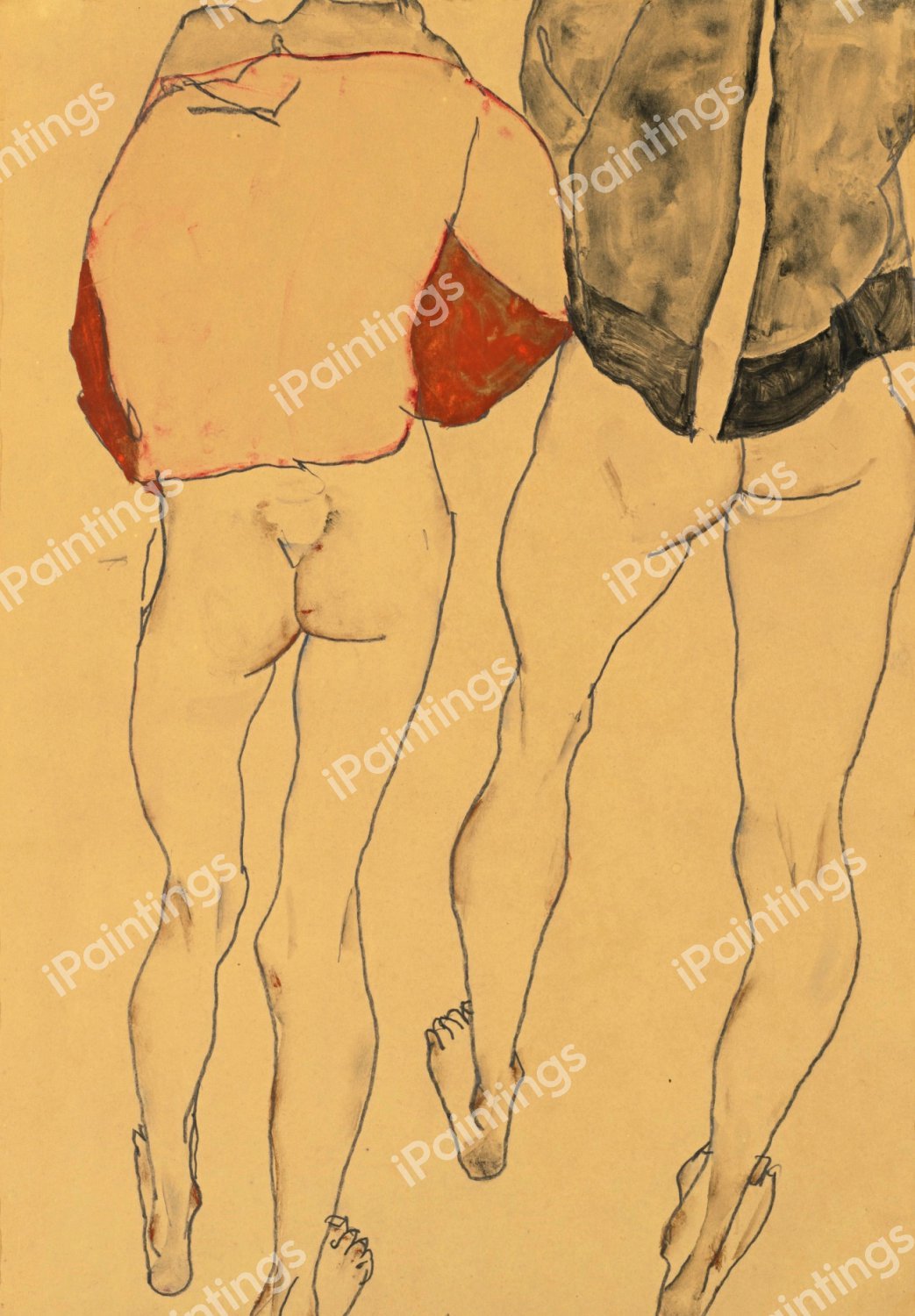 Two Standing Semi-Nude Females. The painting by Egon Schiele