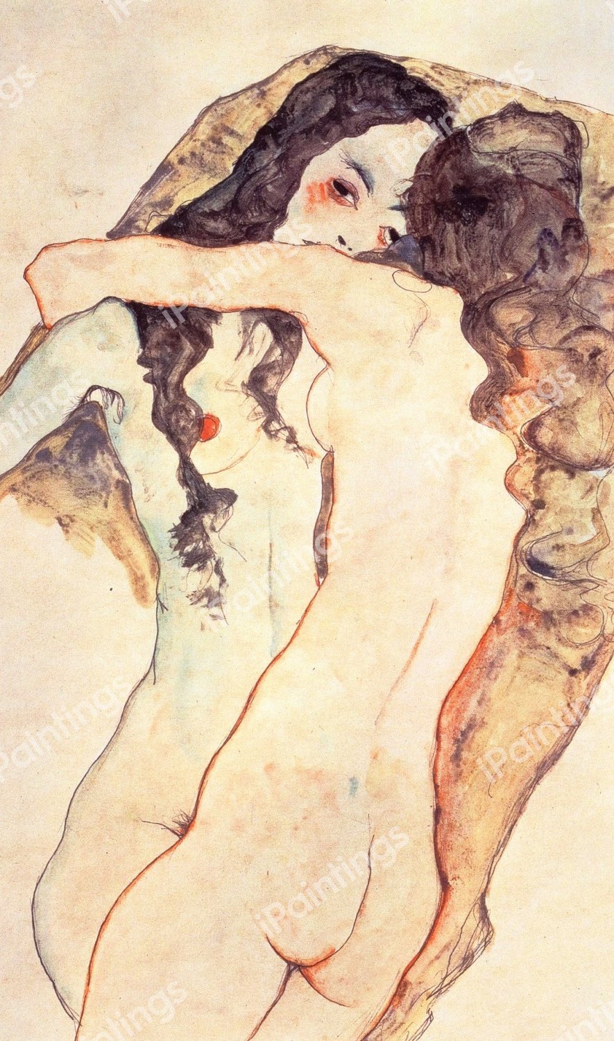 Two Women Embracing Each Other. The painting by Egon Schiele
