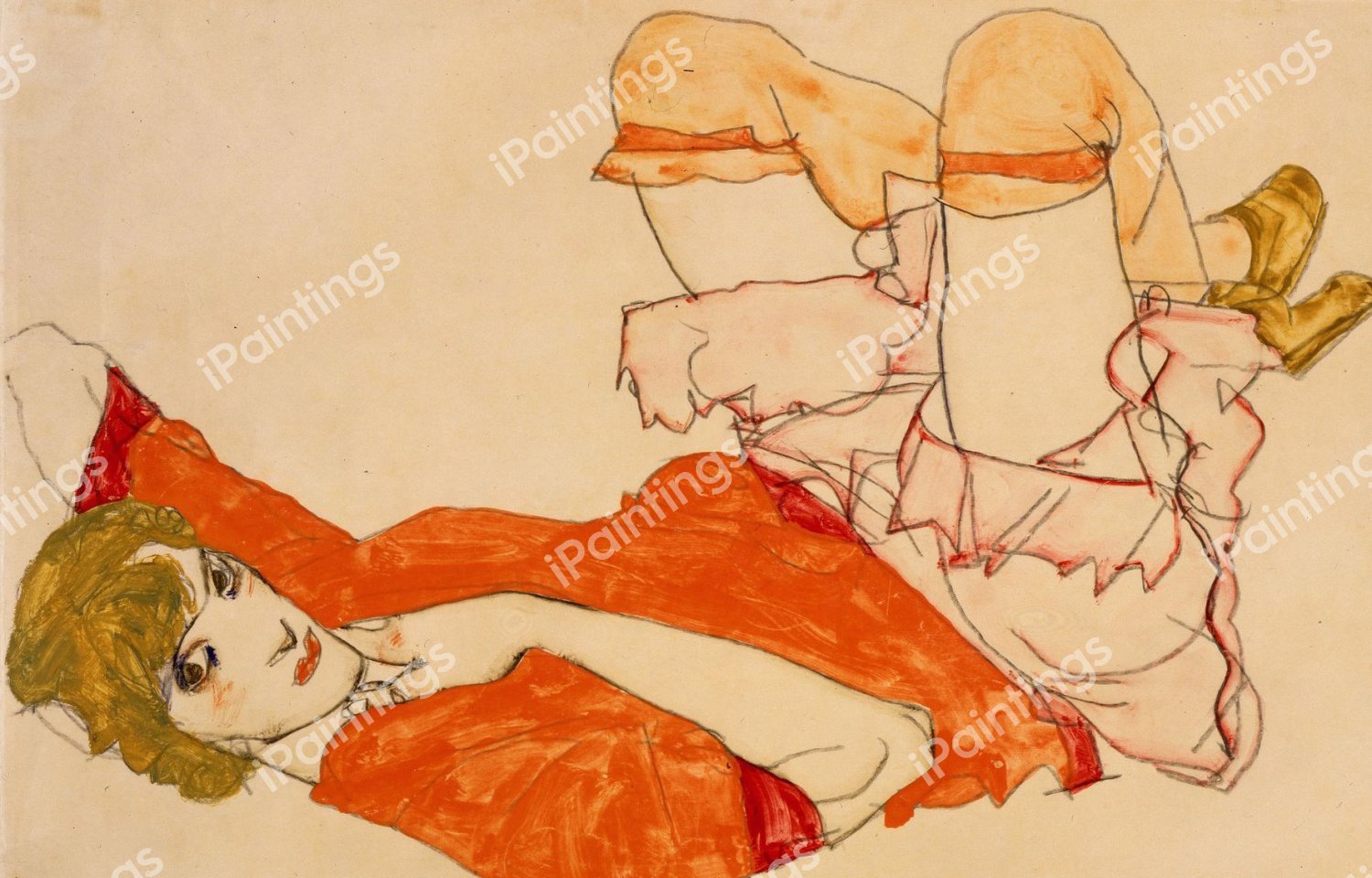 Wally in Red Blouse with Raised Knees. The painting by Egon Schiele
