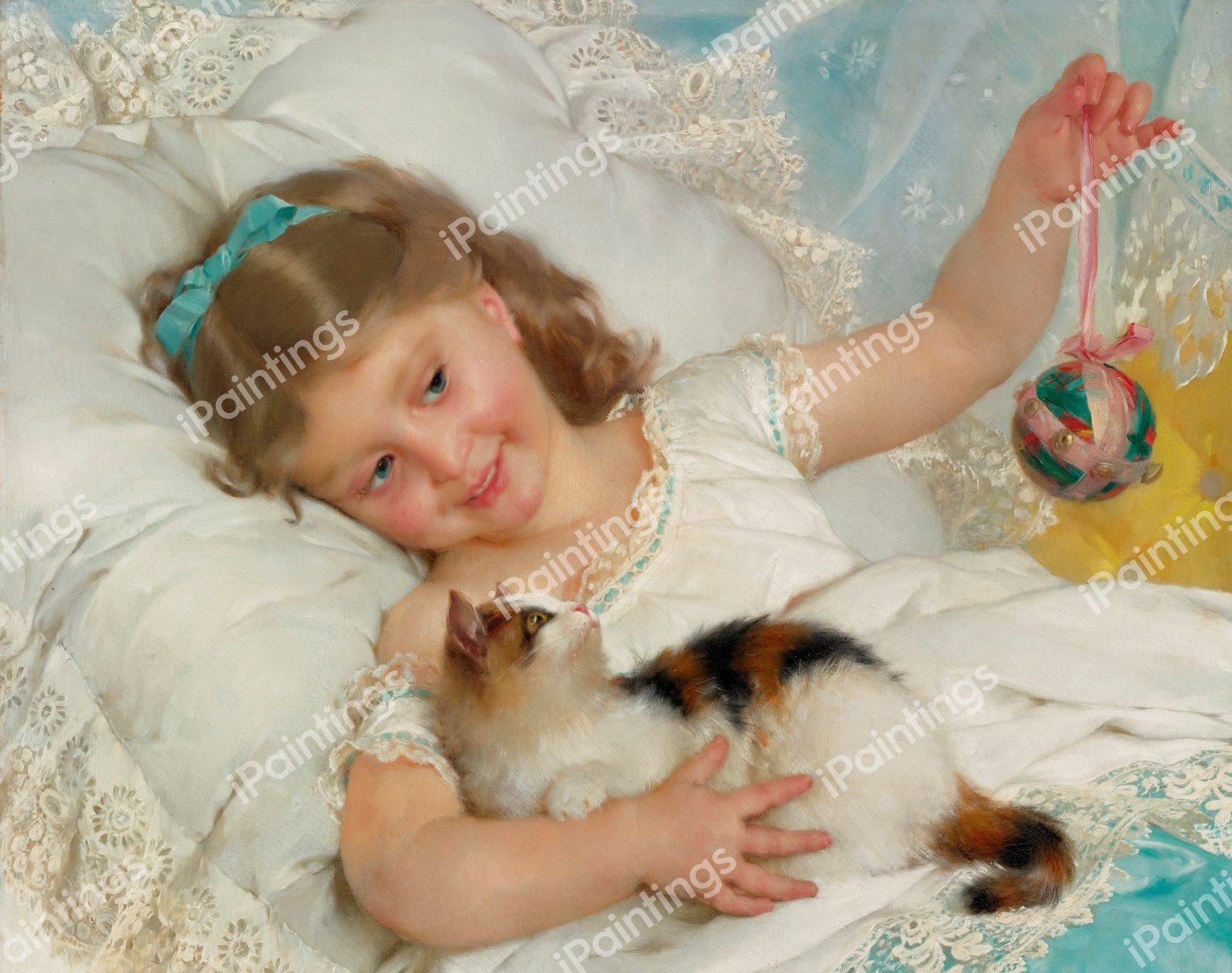Young Girl and Cat. The painting by Emile Munier