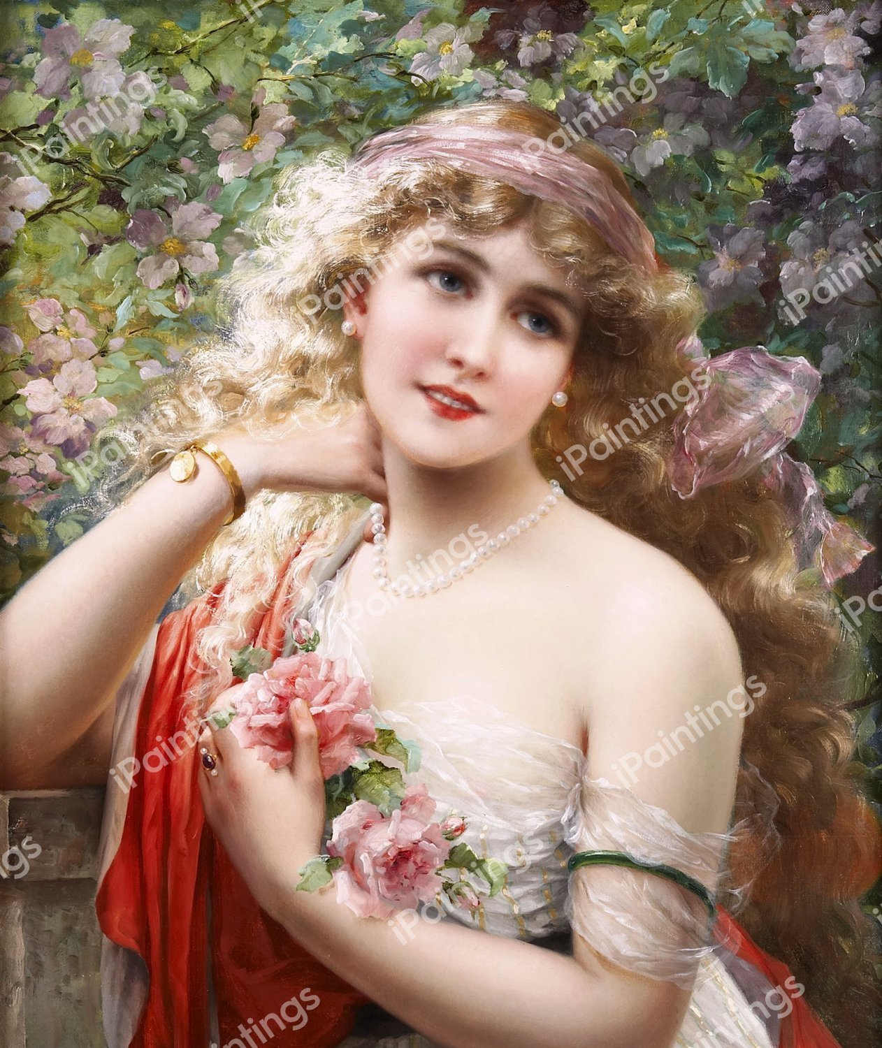 A Young Woman with Roses. The painting by Emile Vernon