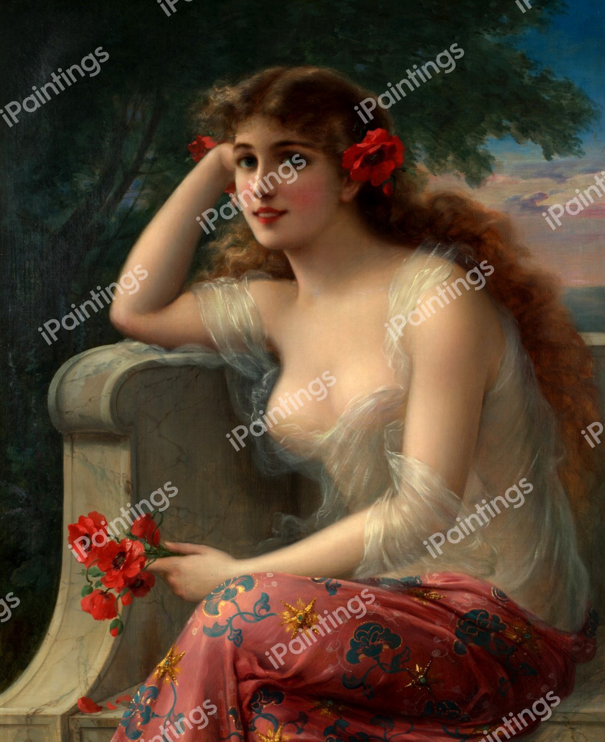 Girl with a Poppy. The painting by Emile Vernon