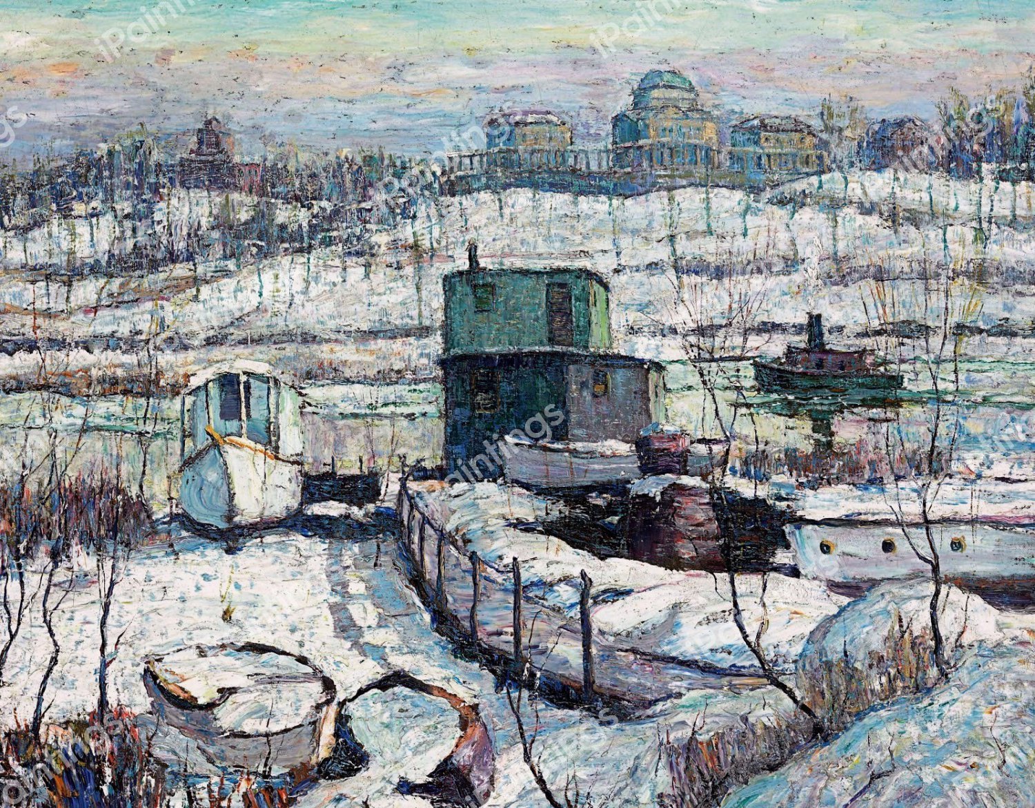 Boathouse Winter, Harlem River. The painting by Ernest Lawson
