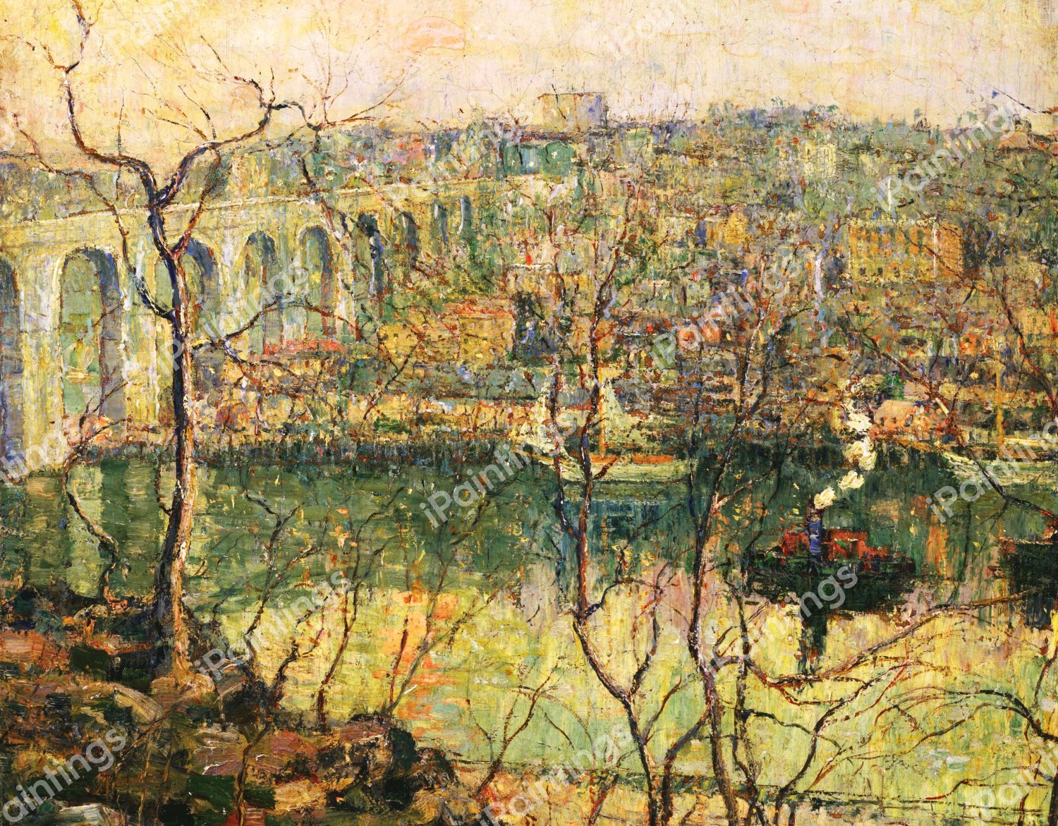 High Bridge - Early Moon. The painting by Ernest Lawson