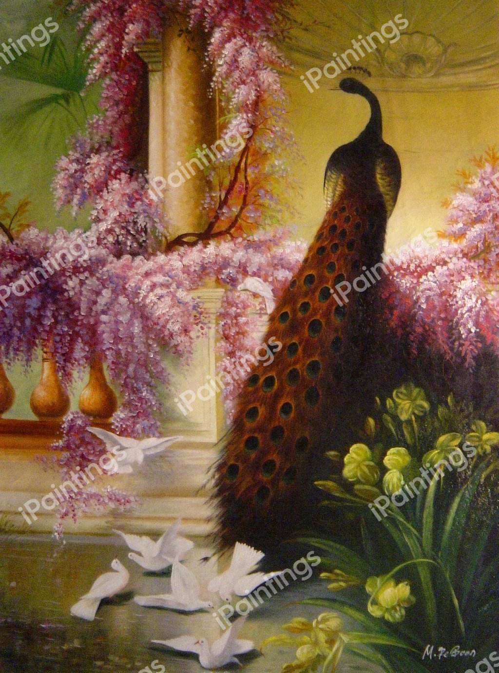Peacock And Doves In A Garden. The painting by Eugene Bidau