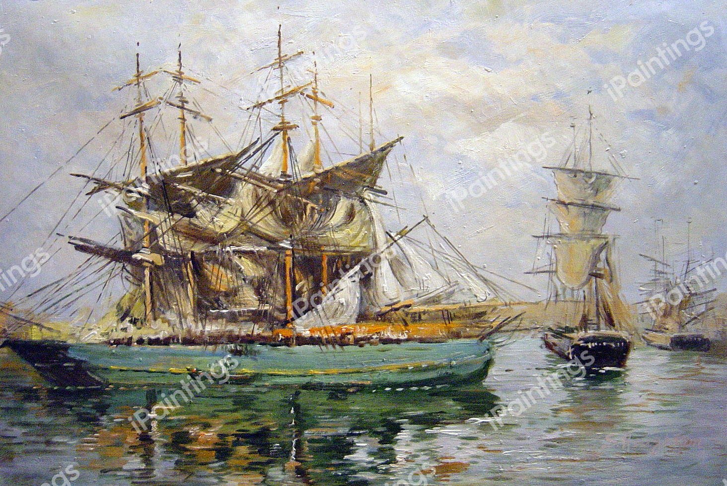 A Three Masted Ship In Port. The painting by Eugene Boudin