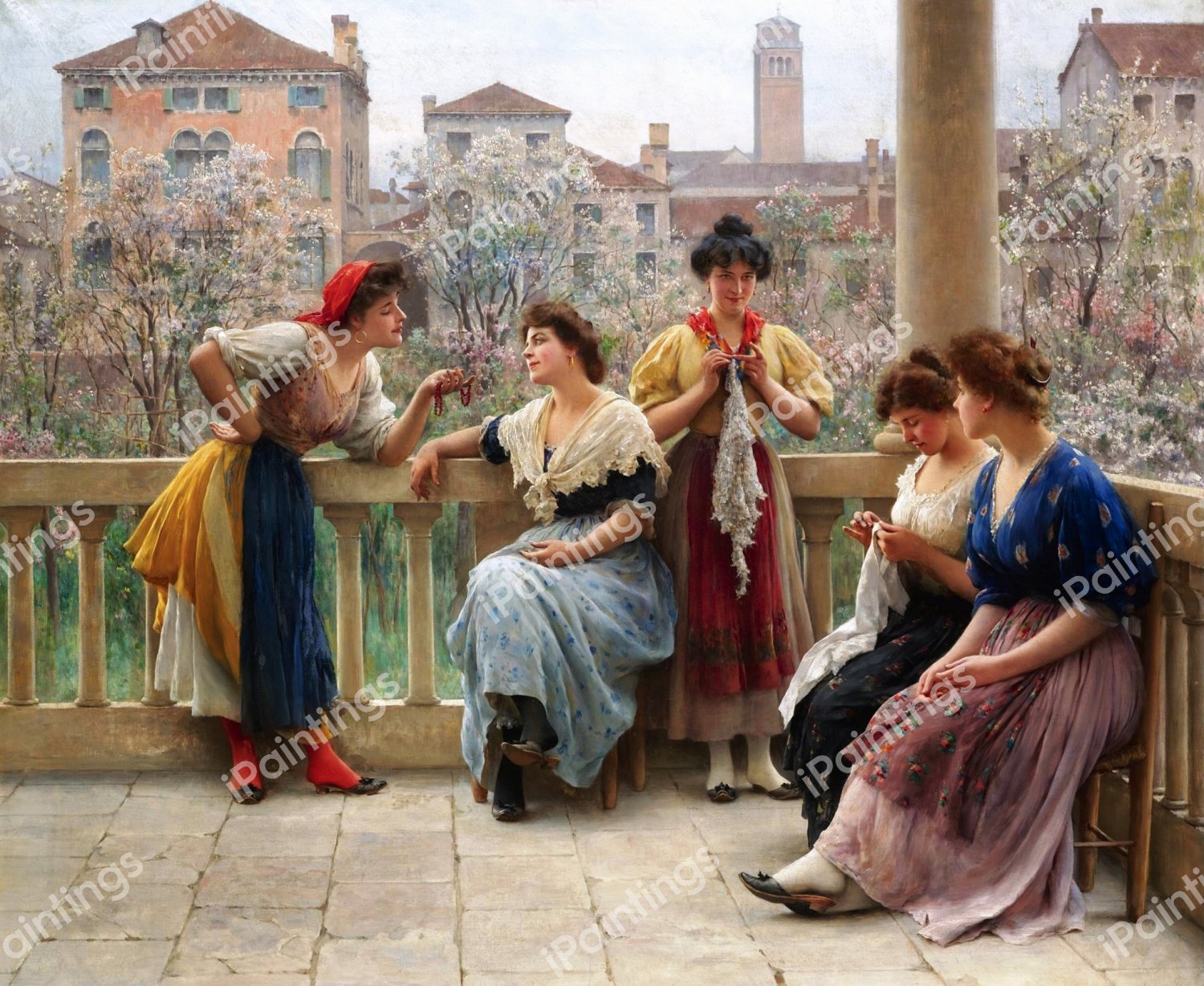 A Conversation on the Terrace, Venice, 1909. The painting by Eugene De Blaas