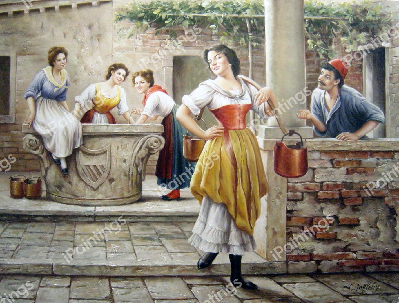 A Flirtation At The Well. The painting by Eugene De Blaas