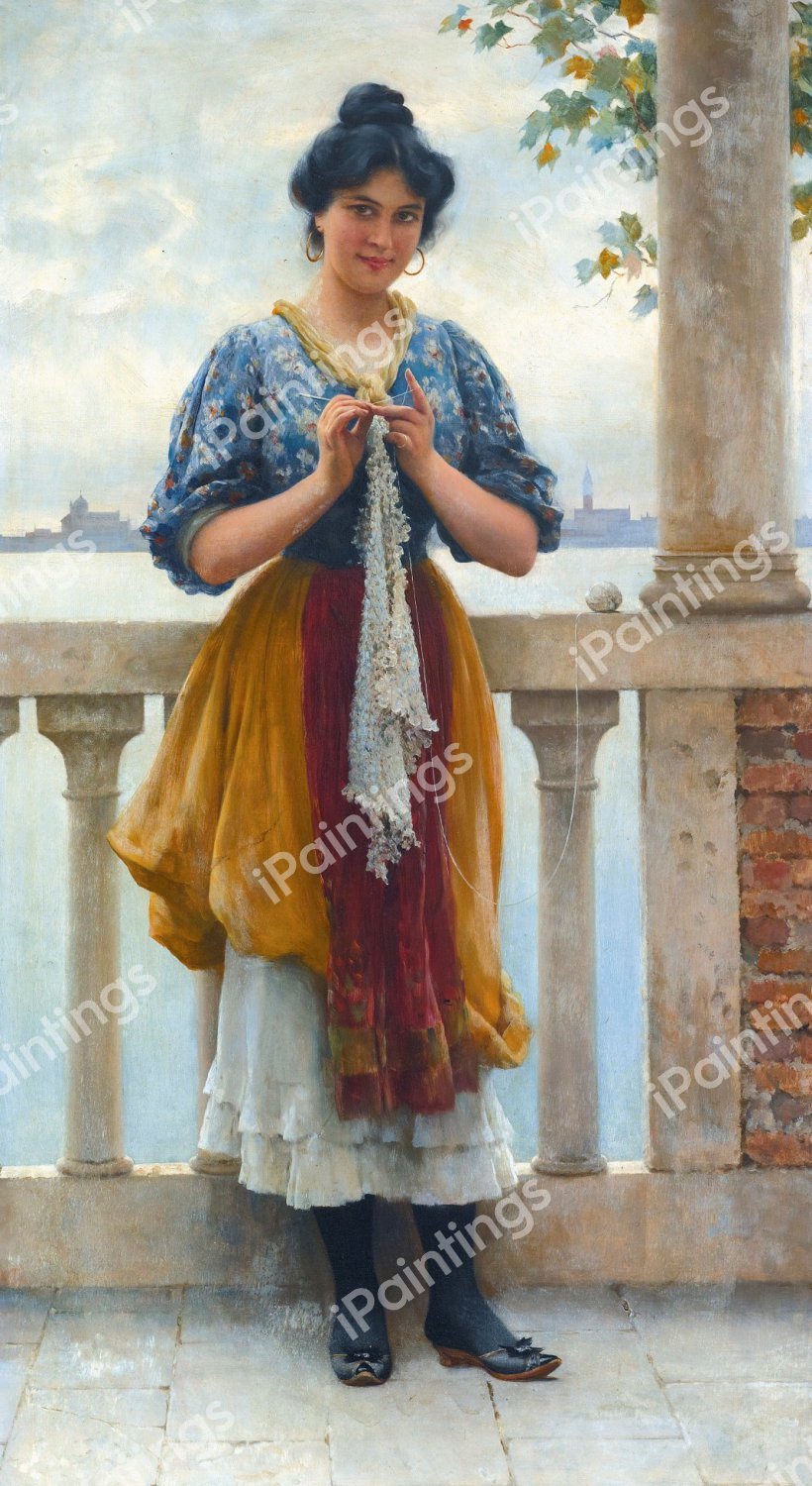 Young Girl Before the Lagoon, Venice, 1910. The painting by Eugene De Blaas