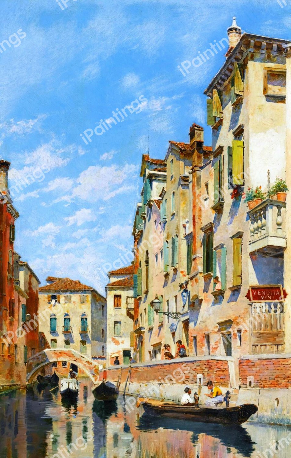 Gondolas On A Venetian Canal. The painting by Federico del Campo