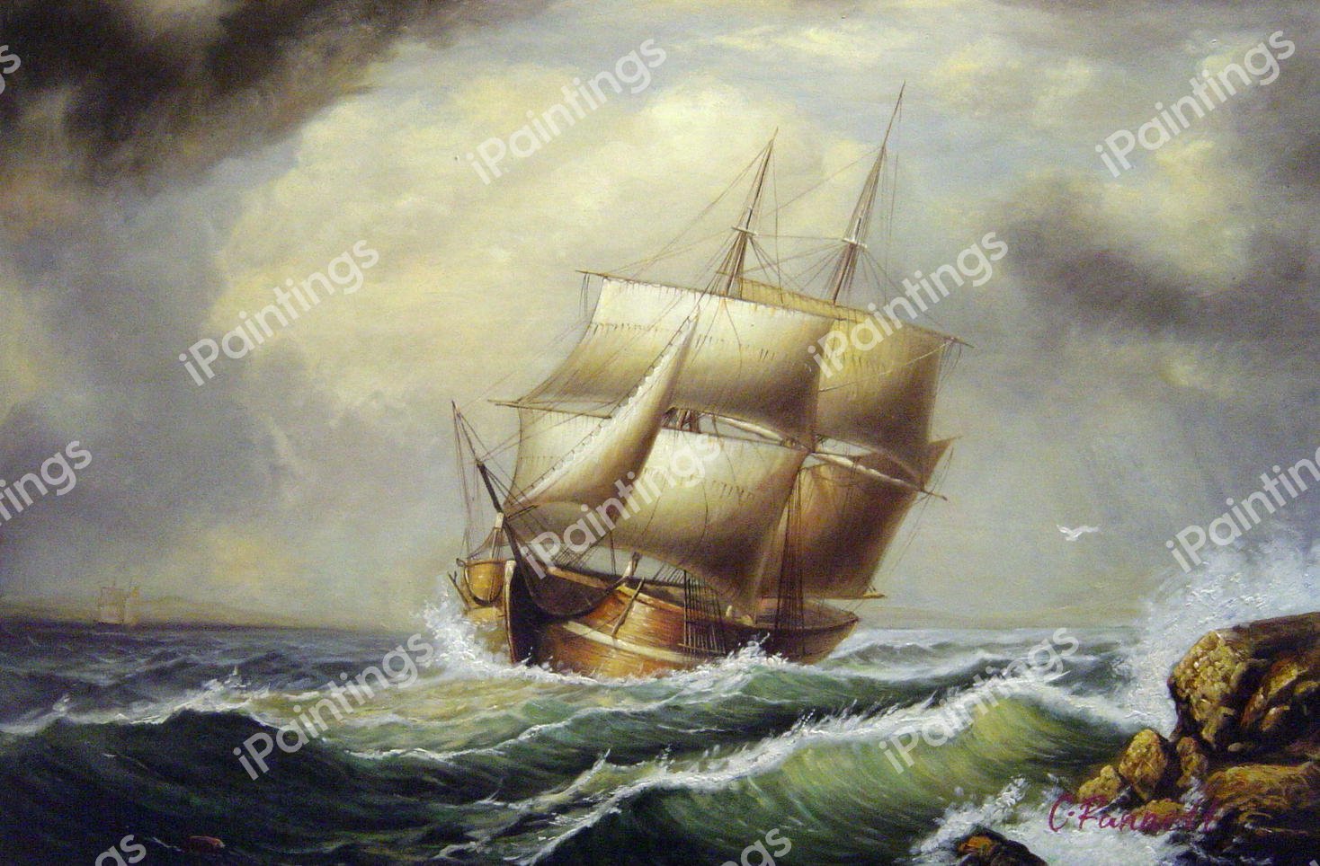 A Merchant Brig Under Reefed Topsails. The painting by Fitz Hugh Lane