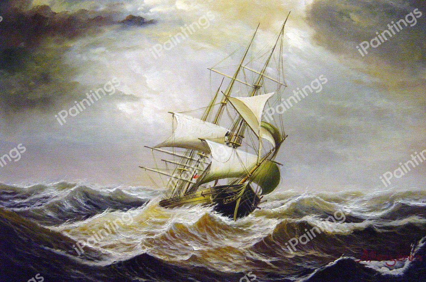 Three-Master In Rough Sea. The painting by Fitz Hugh Lane