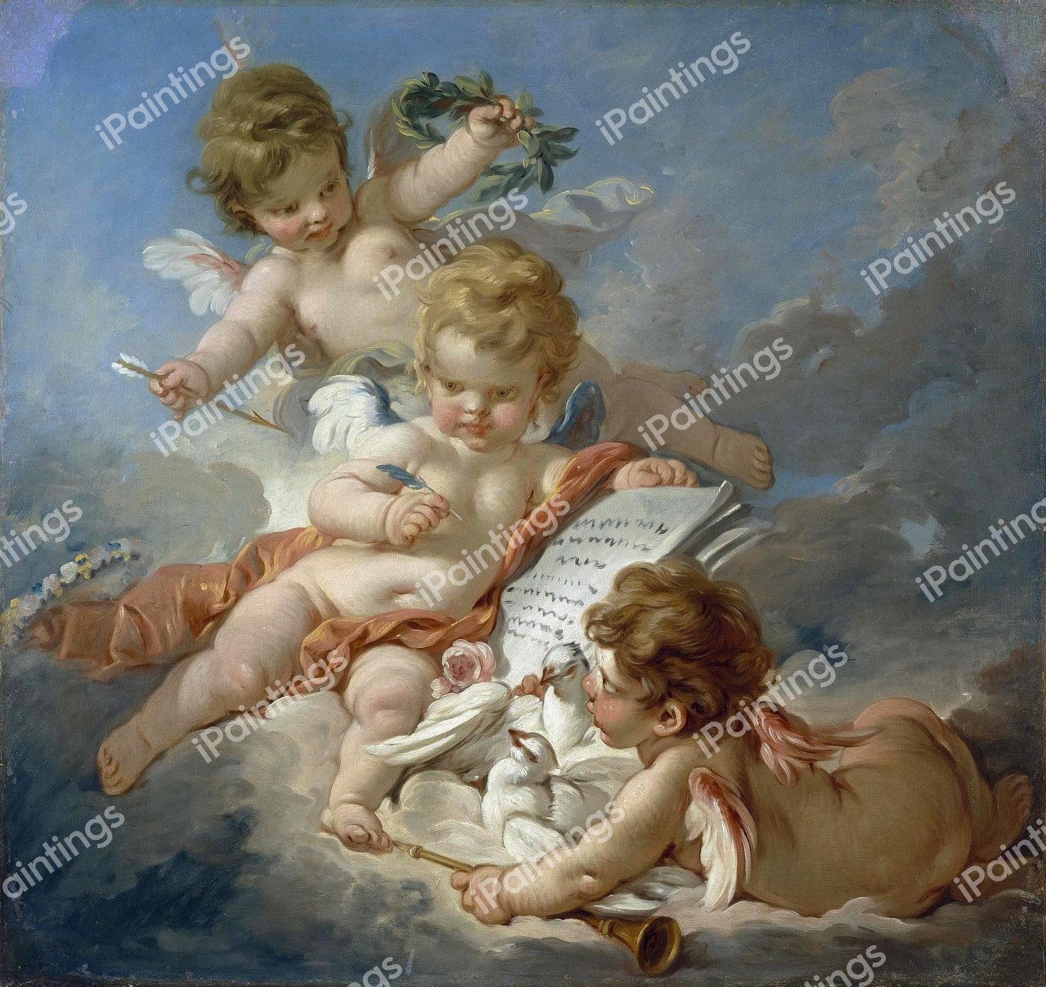 Cupids. Allegory of Poetry. The painting by Francois Boucher