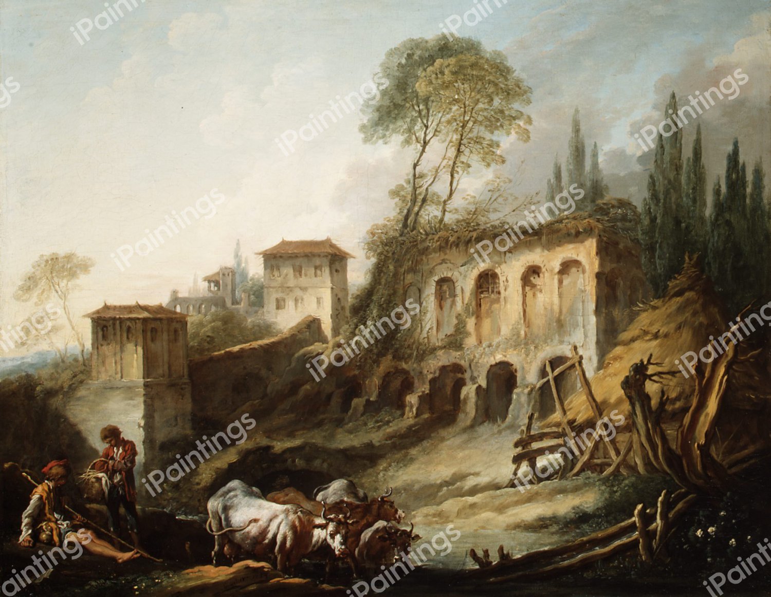 Landscape with the Palatine Hill from Campo Vaccino. The painting by Francois Boucher