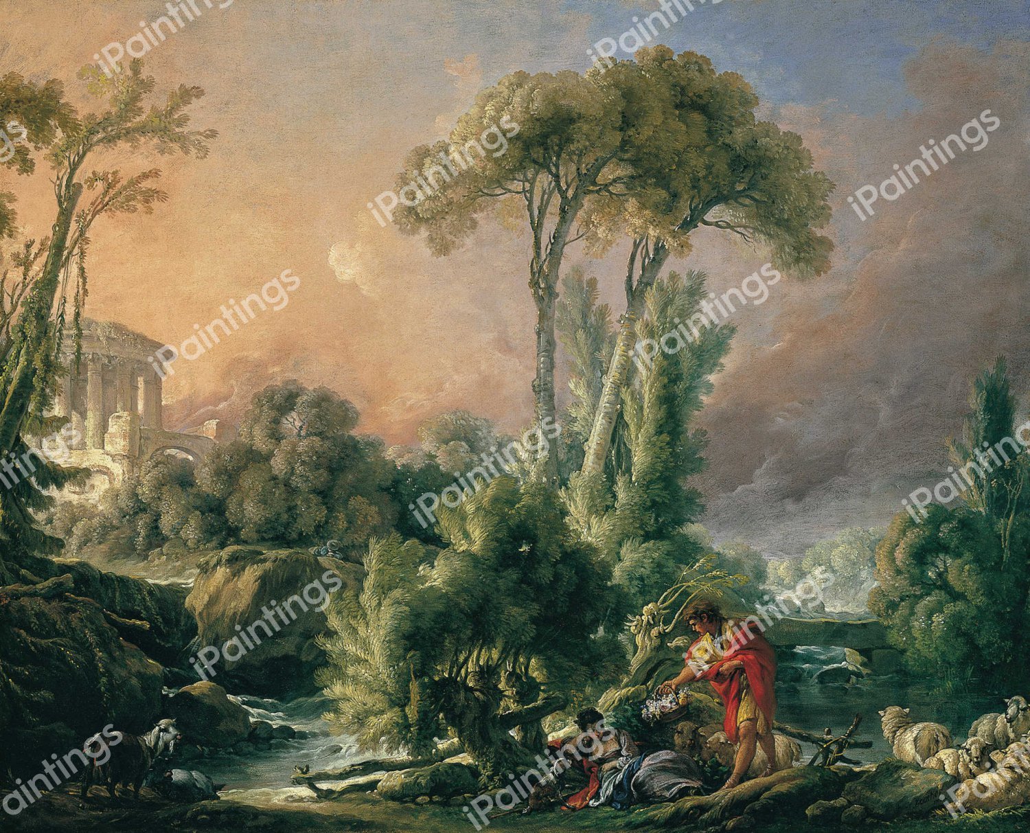 River Landscape with an Antique Temple. The painting by Francois Boucher