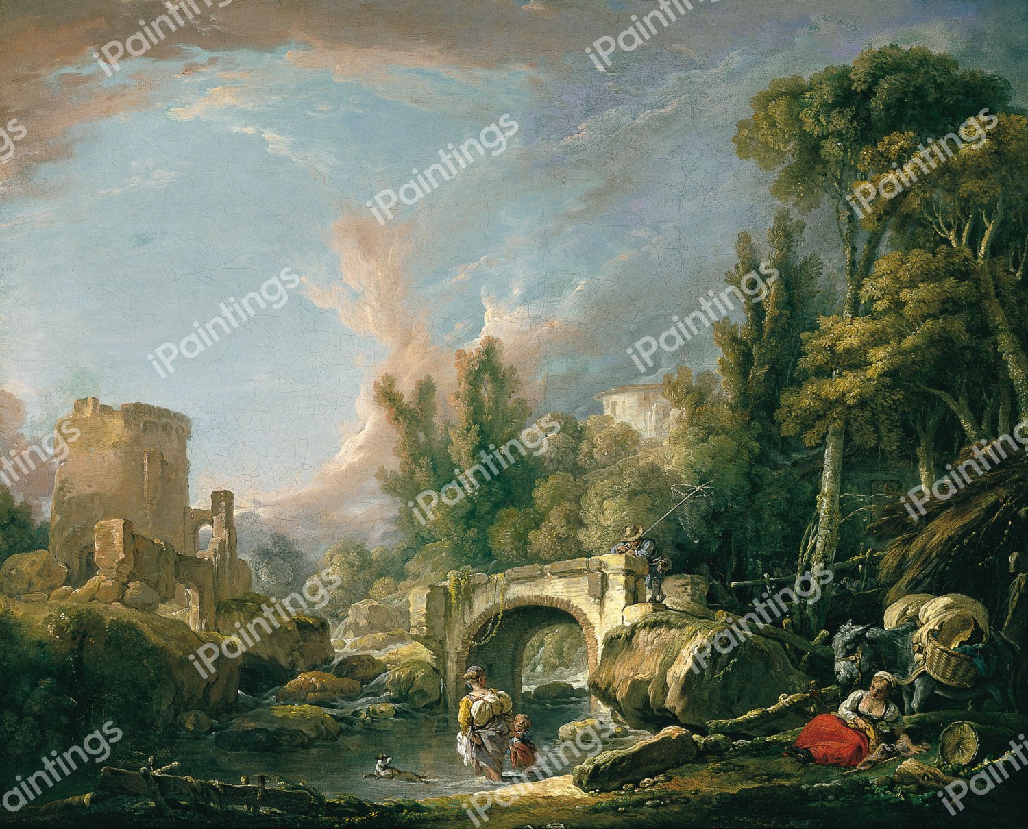 River Landscape with Ruins and Bridge. The painting by Francois Boucher