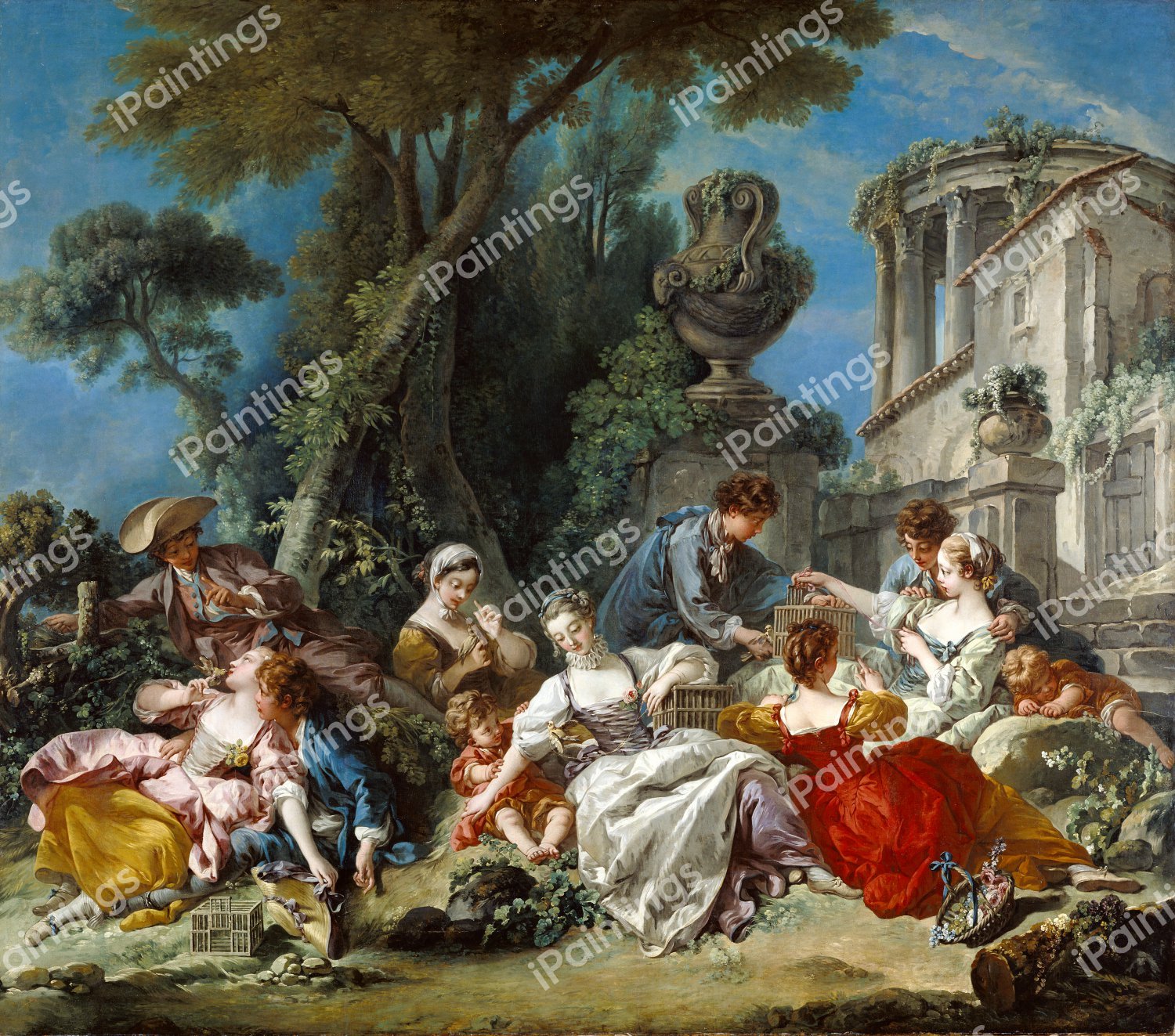 The Bird Catchers. The painting by Francois Boucher