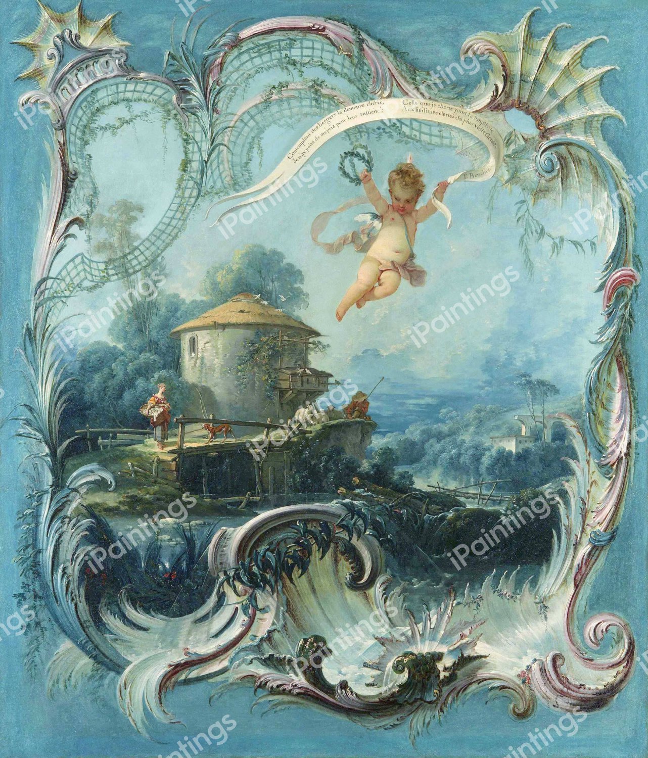 The Enchanted Home (A Pastoral Landscape Surmounted By Cupid). The painting by Francois Boucher