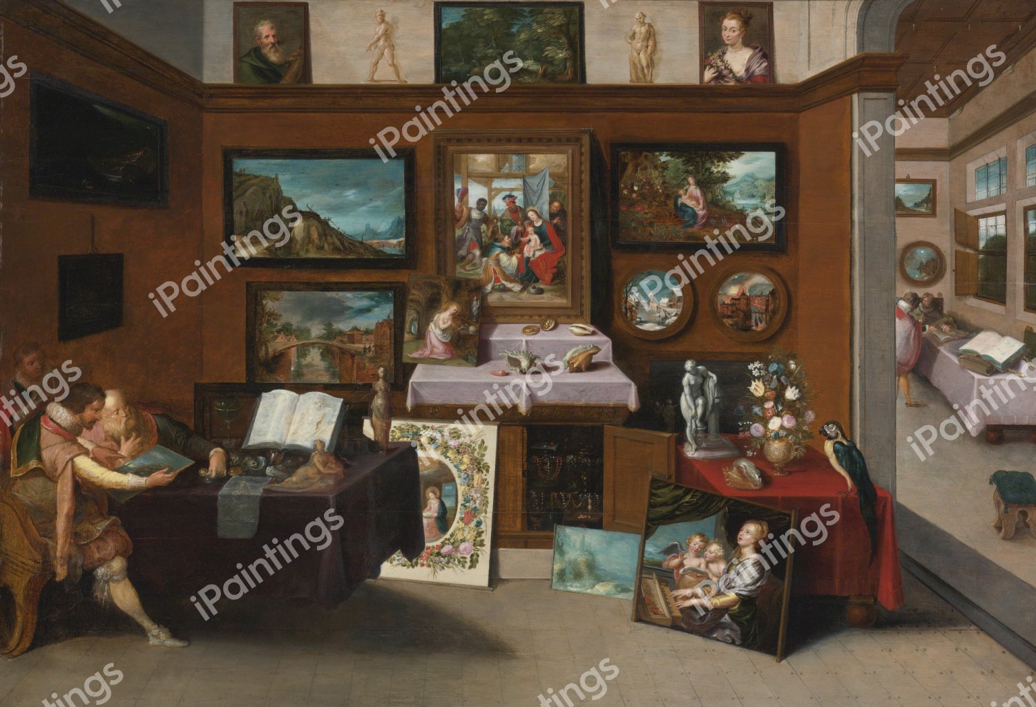 The Interior of a Picture Gallery with Connoisseurs Admiring Paintings. The painting by Frans Francken the Younger