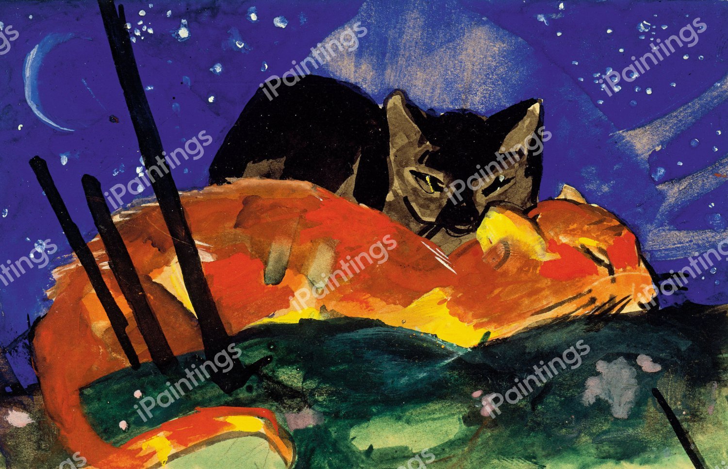 Two Cats, Postcard from Sindelsdorf to Lily Klee Munich. The painting by Franz Marc