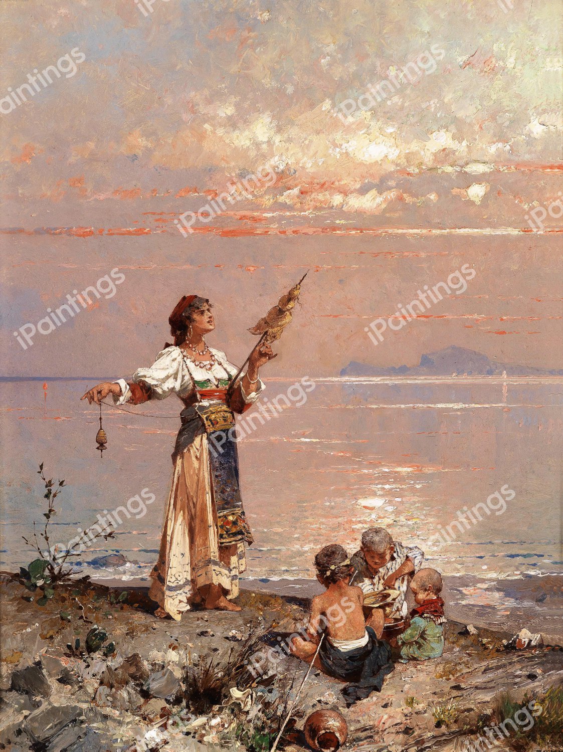 In the Bay of Naples, Italy. The painting by Franz Richard Unterberger