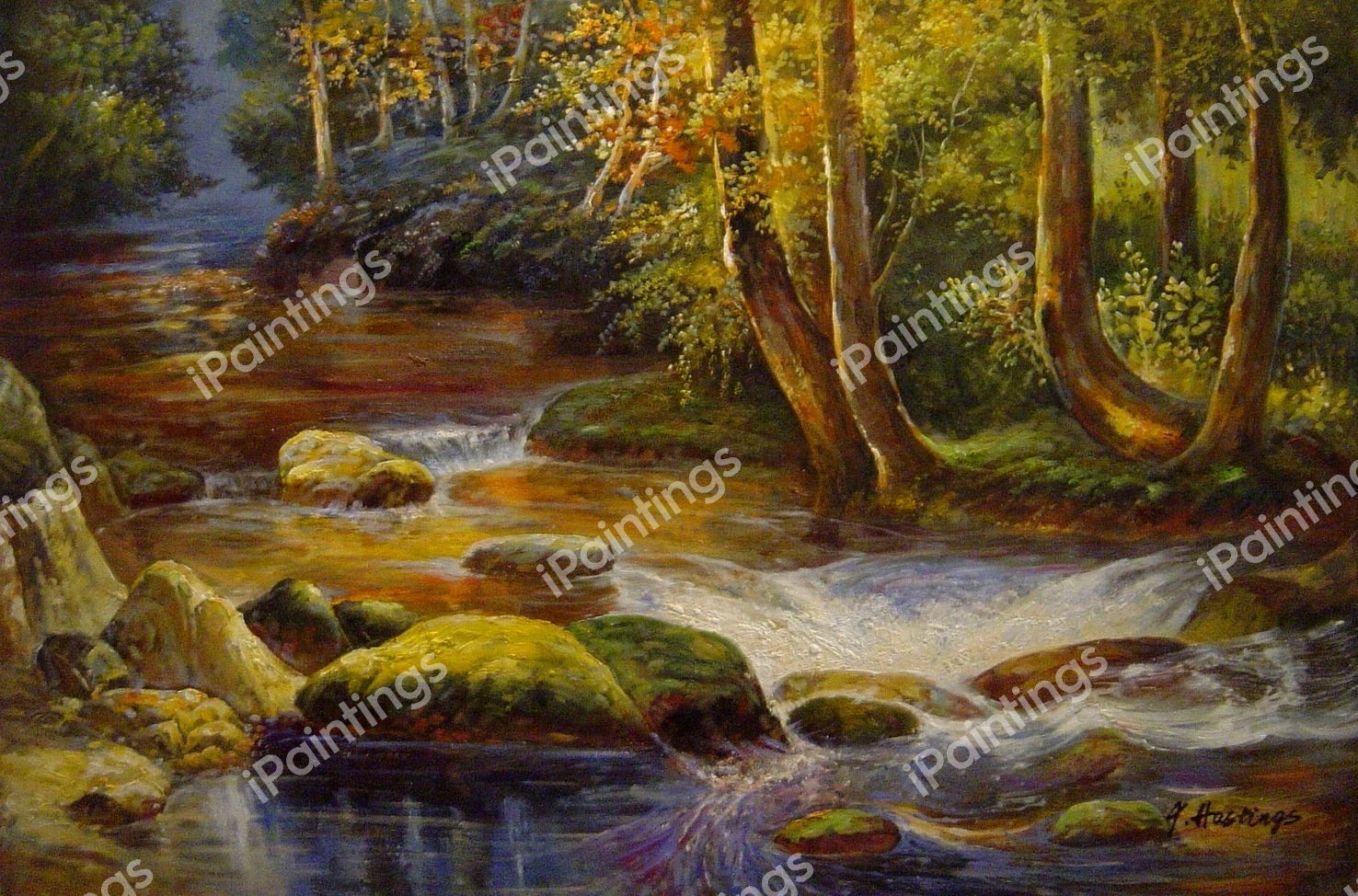 River Landscape With Deer. The painting by Frederick Arthur Bridgeman