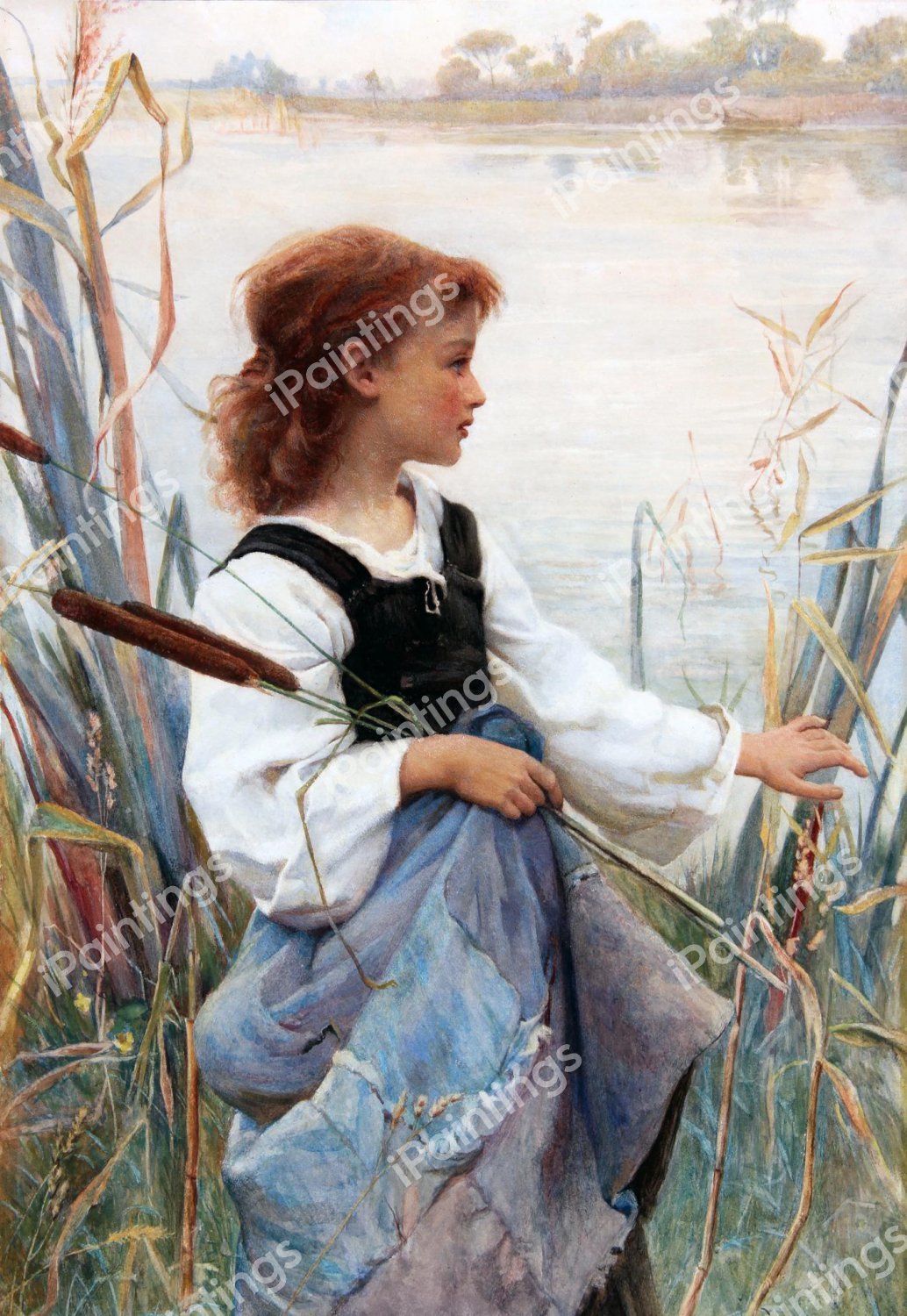 Girl Holding Reeds. The painting by Frederick Morgan
