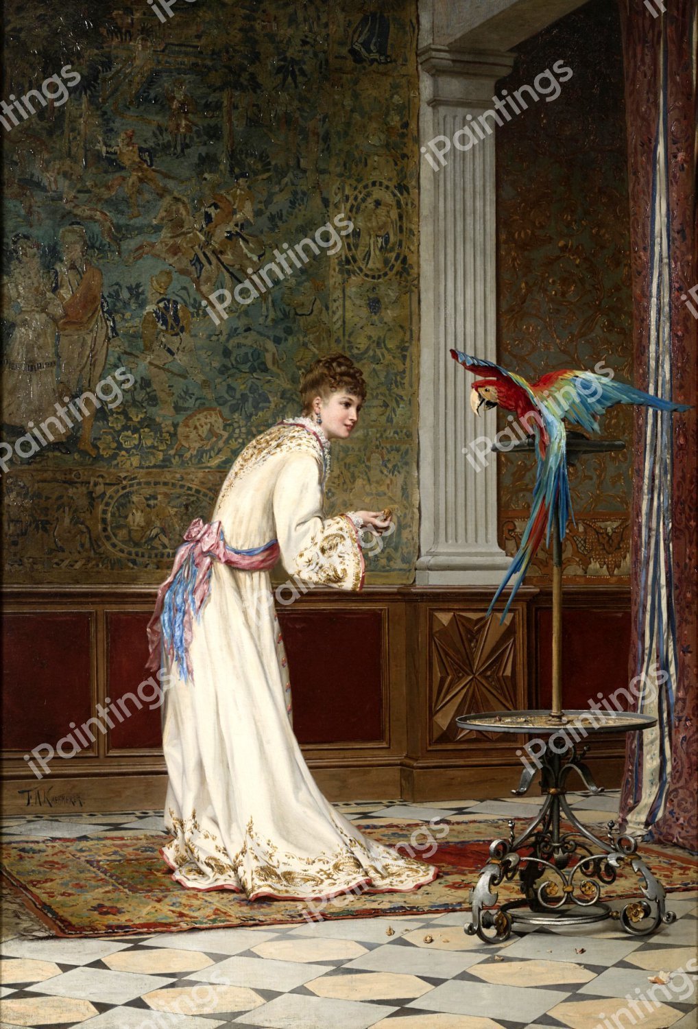 Feeding the Macaw. The painting by Frederik Hendrik Kaemmerer