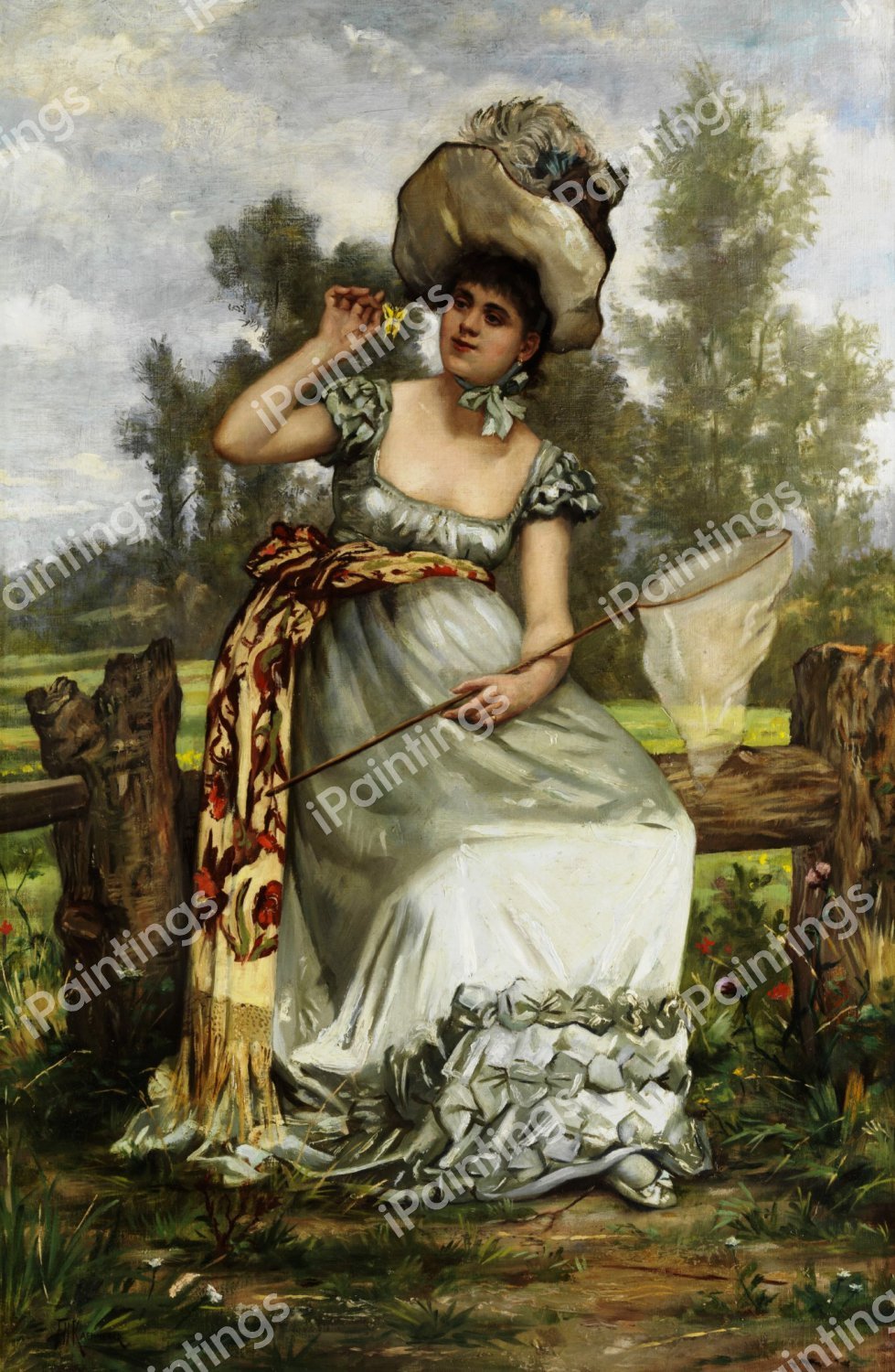 Young Lady Catching Butterfies. The painting by Frederik Hendrik Kaemmerer