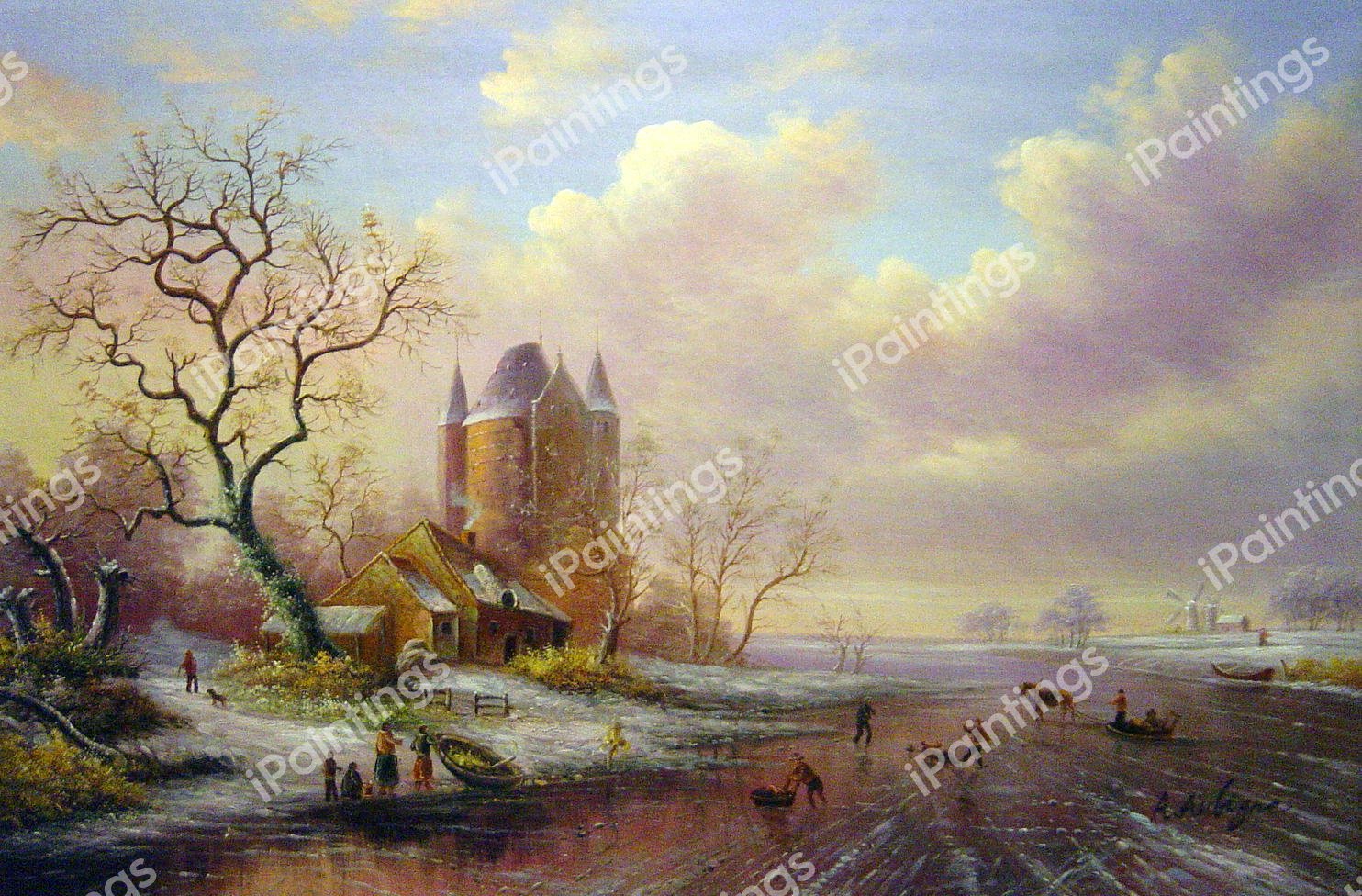 A Winter Landscape With A Castle. The painting by Frederik Marinus Kruseman