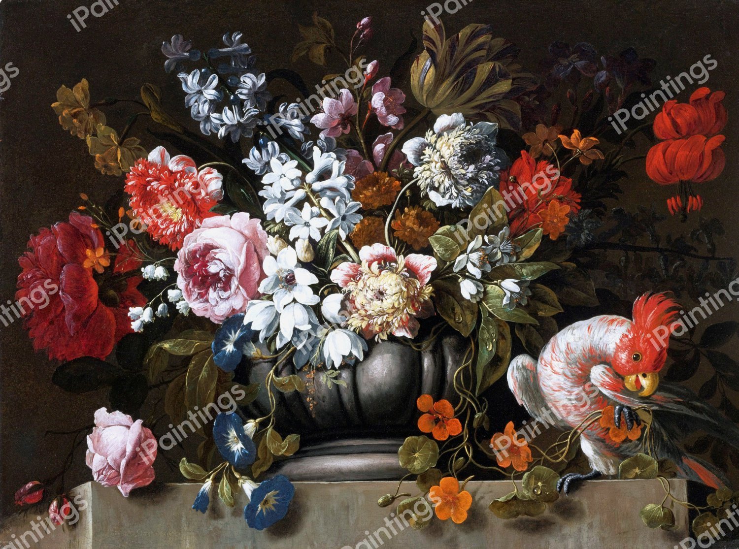 Still Life of Flowers in a Stone Urn with a Parrot. The painting by Gaspar Peeter Verbruggen the Elder