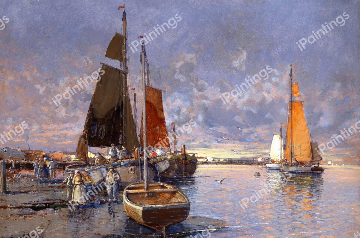 Fishing on the Pier at Sunset. The painting by Georg Fischhof