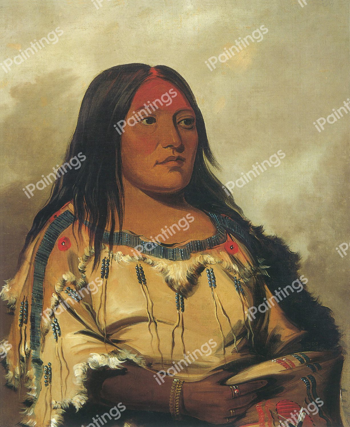 Eeh-nís-kim, Crystal Stone, Wife of the Chief Blackfoot. The painting by George Catlin