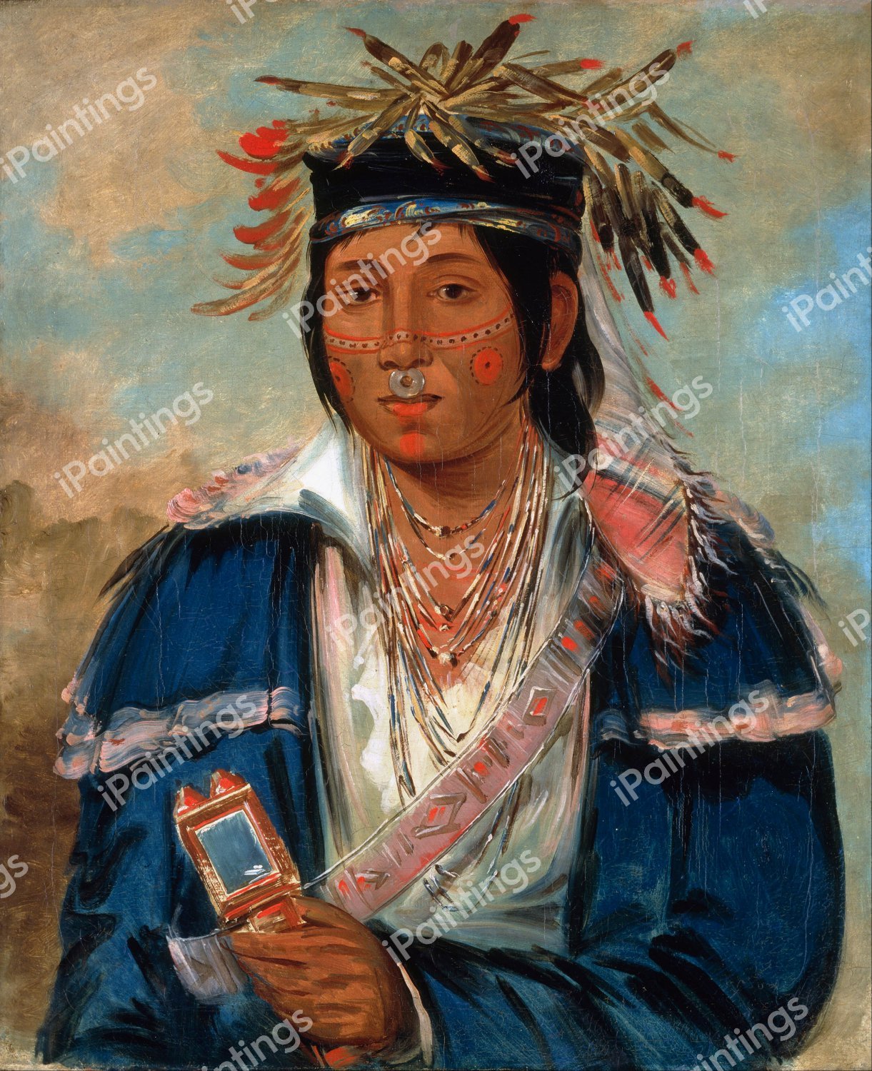 Kee-mo-ra-nia, No English, a Dandy. The painting by George Catlin