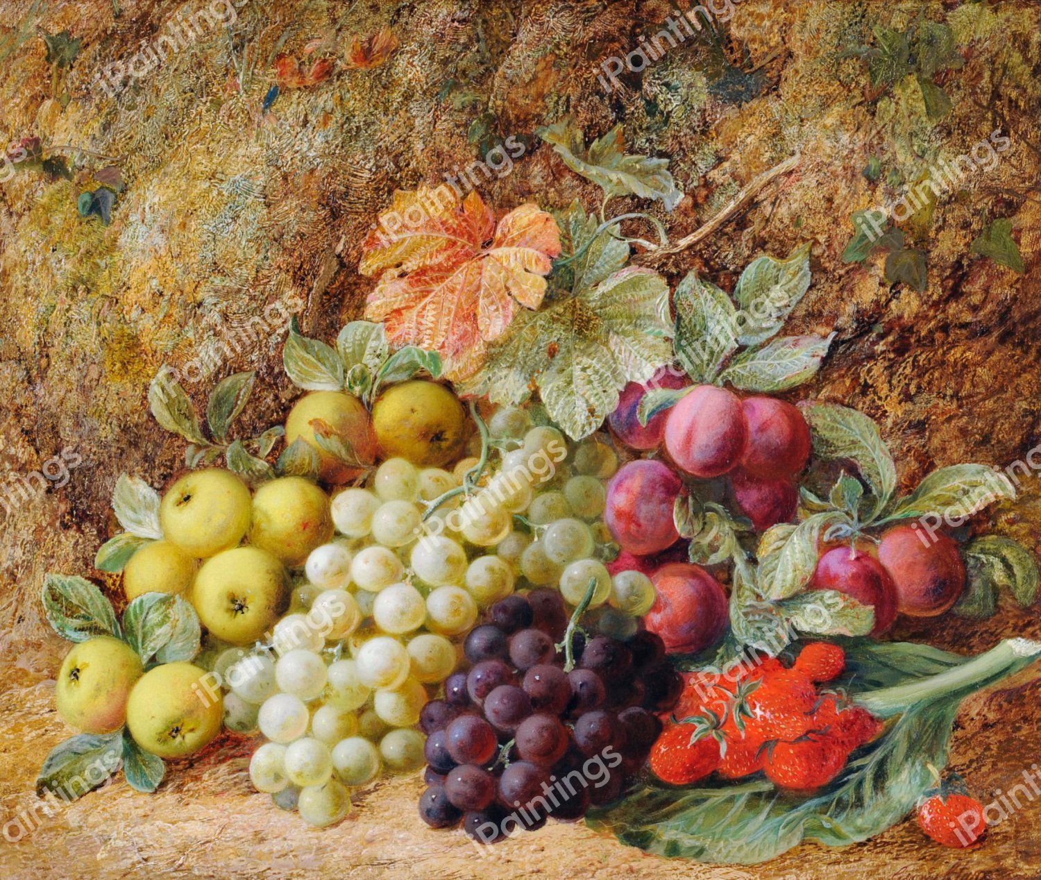 Still life of Fruit Against a Mossy Bank. The painting by George Clare