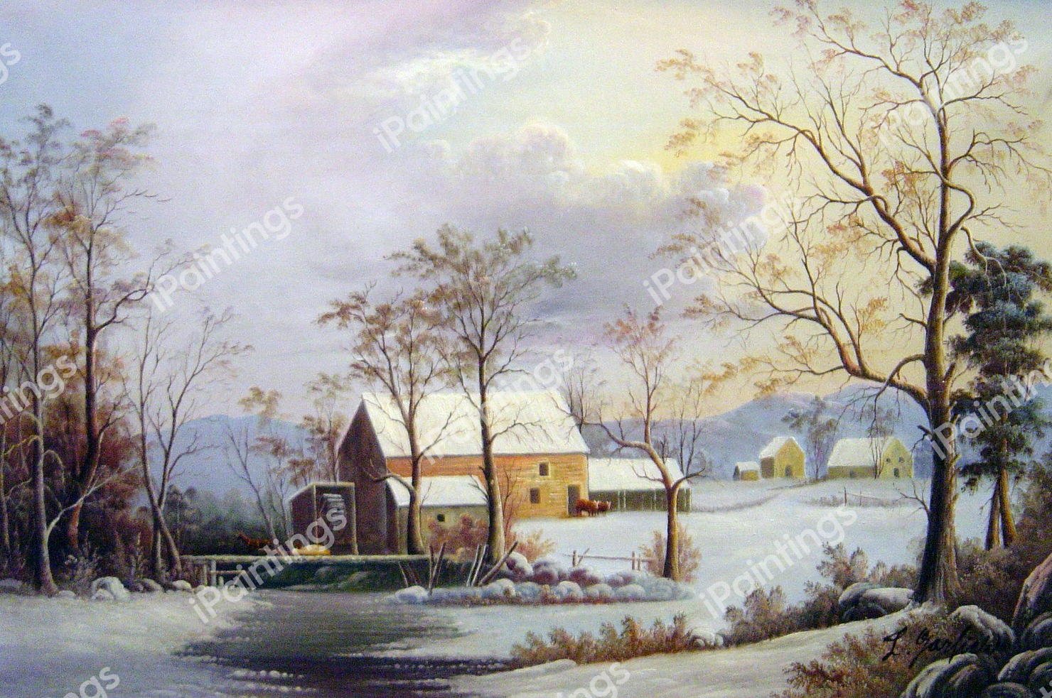 Winter In The Country, The Old Grist Mill. The painting by George Durrie