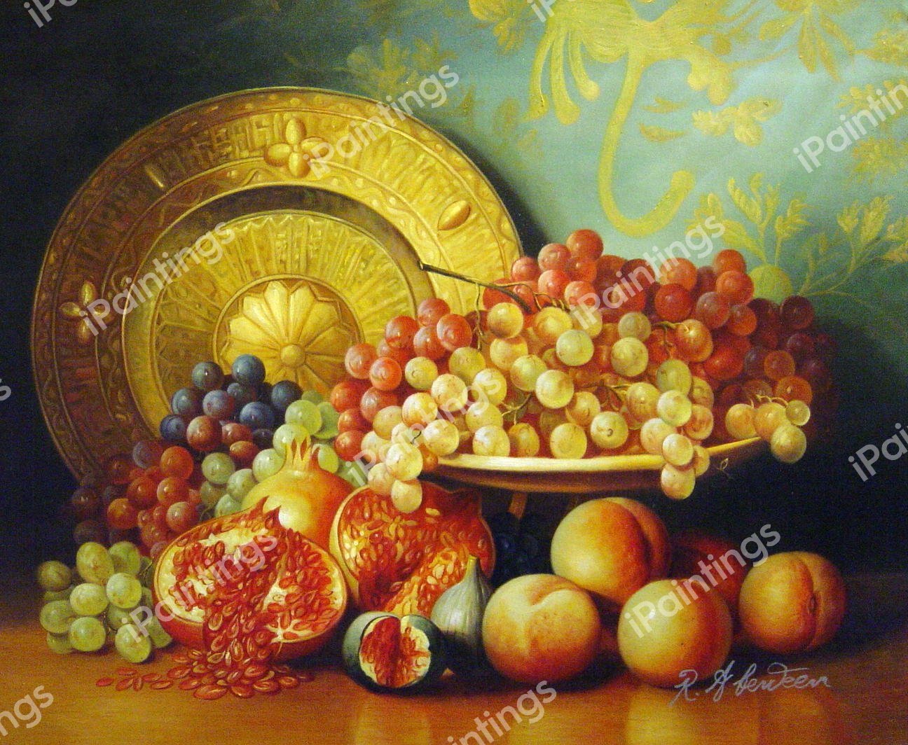 A Display Of Figs, Pomegranates, Grapes, And Brass Plate. The painting by George Henry Hall