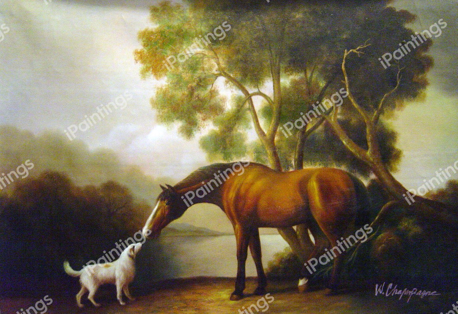 Dream-art Oil painting Stubbs George A Bay Hunter With Two Spaniels horse /& dogs