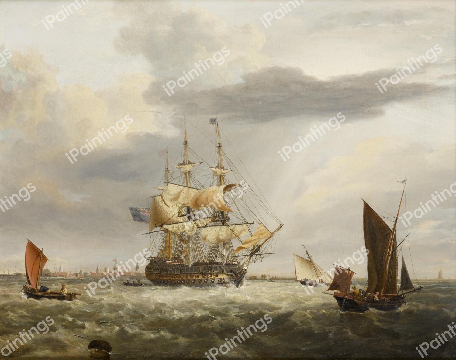 Ship of the Line off Portsmouth; A ship of the Line off Whitby. The painting by George Webster