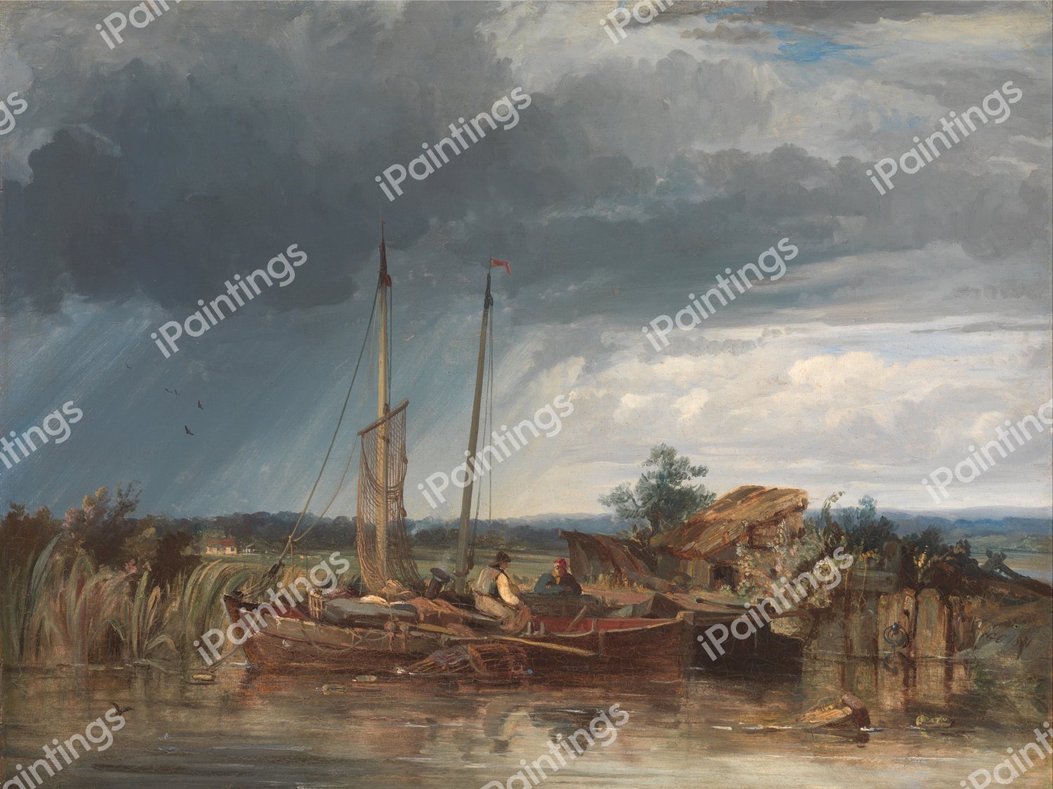 Two Fishing Boats on the Banks of Inland Waters. The painting by George Wellington Waters