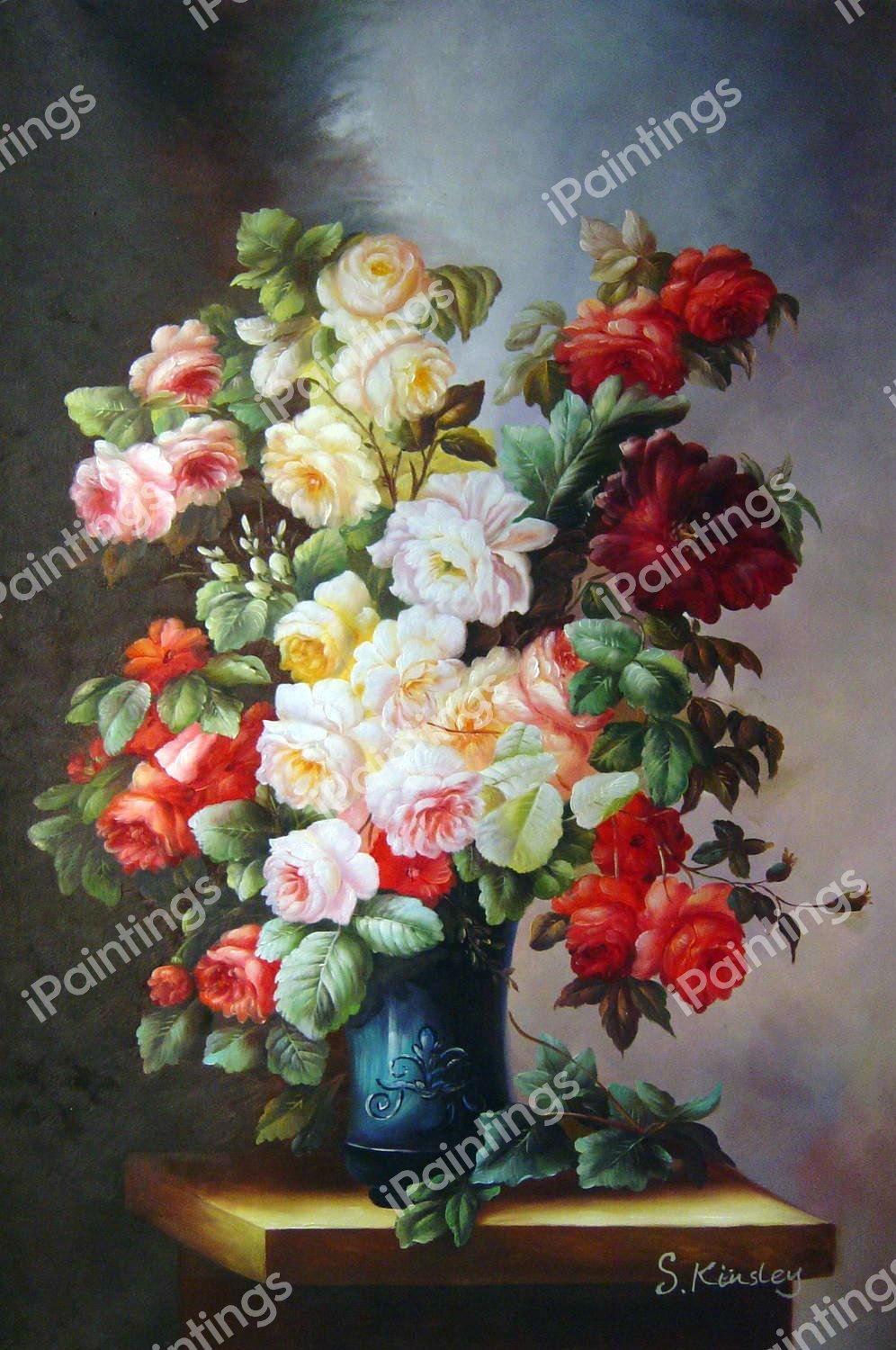 A Still Life With Roses And Peonies In A Blue Vase. The painting by Georges Viard