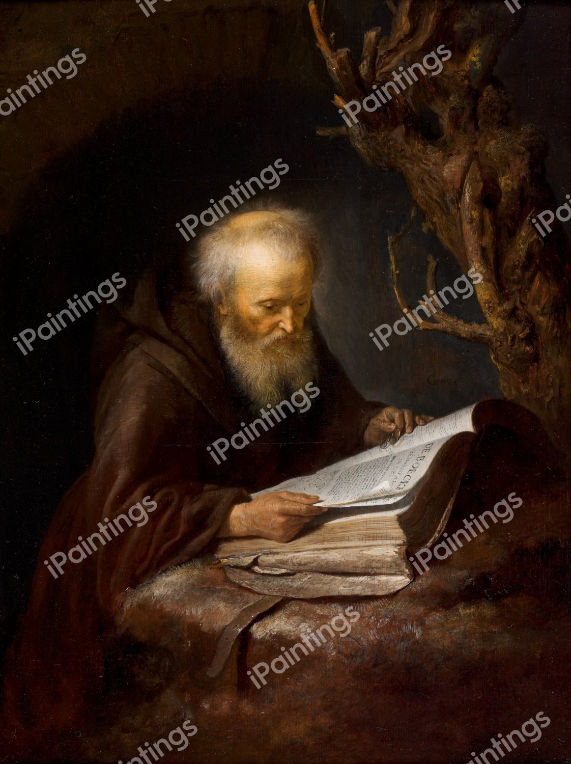 A Saint Reading in his Cave. The painting by Gerrit Dou