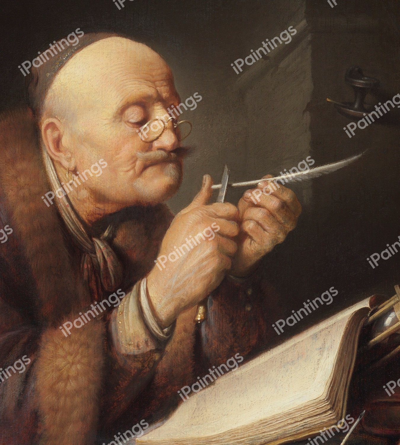 Scholar Sharpening a Quill Pen. The painting by Gerrit Dou